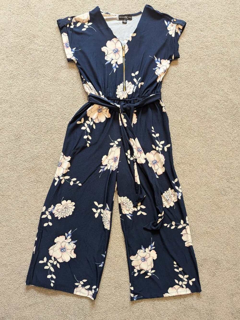 INC International Jumpsuit Small Floral Navy Pink Wide Leg Midi Feminine Flowy